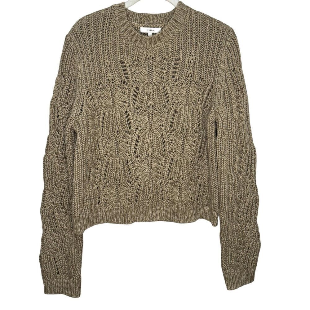 Vince Sweater Womens Large Brown Wool Mohair Chunky Open Knit Crewneck Pullover